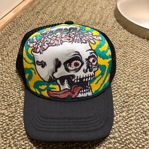 Hand Painted and Airbrushed Skull Brain Graphic Trucker Hat - Black